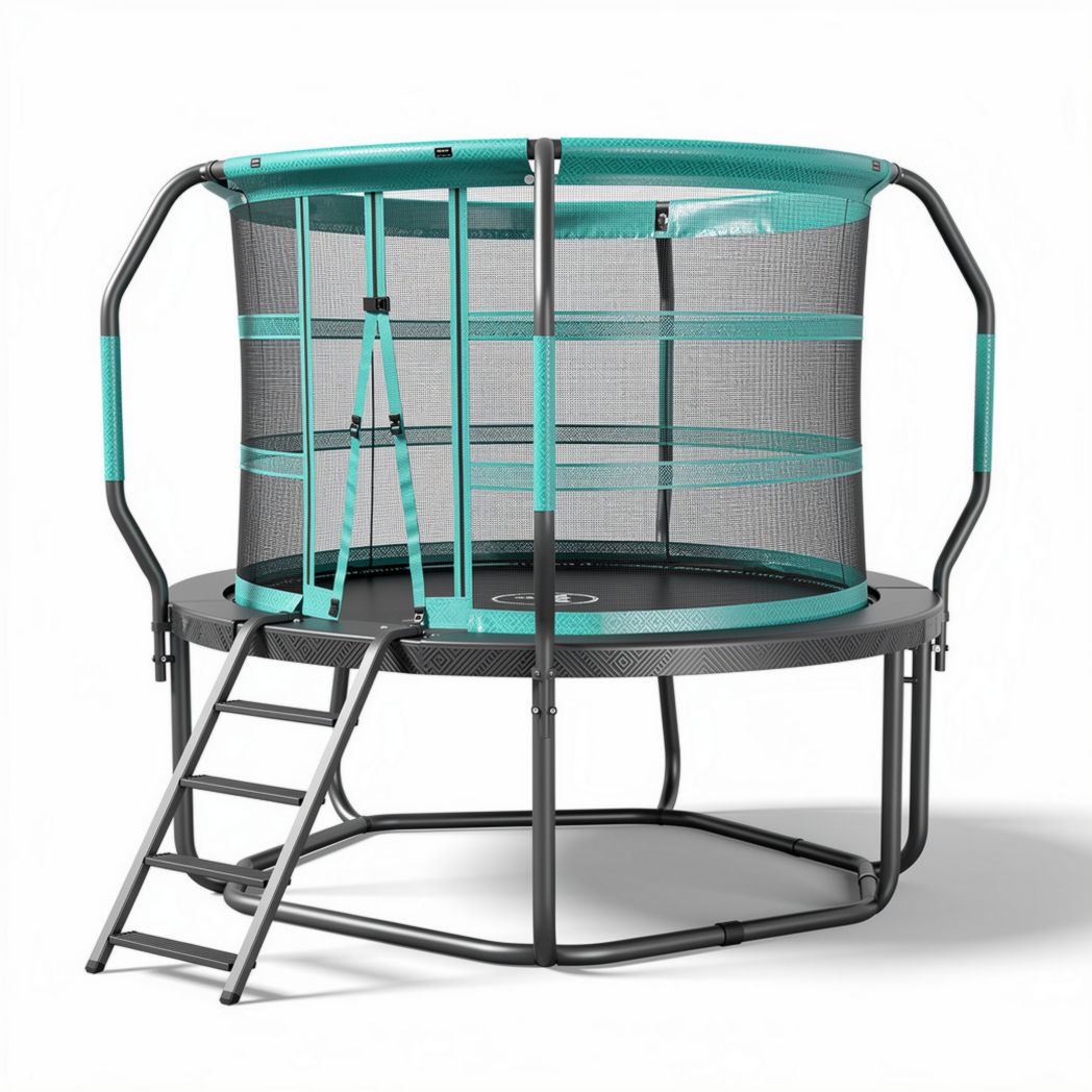 Trampolina okrągła z siatką ochronną i drabinką 250 x 250 x 300cm szara niebieska