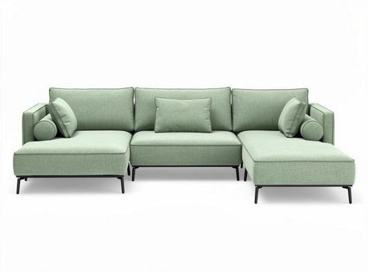 Narożnik z tkaniny w kolorze miętowym 250 x 100 x 85cm z poduszkami dekoracyjnymi